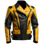 Men’s Yellow Black Genuine Sheepskin Moto Winter Punk Soft Quilted Scooter Leather Jacket