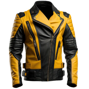 Men’s Yellow Black Genuine Sheepskin Moto Winter Punk Soft Quilted Scooter Leather Jacket
