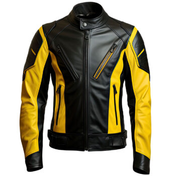 : Men’s Yellow Black Genuine Sheepskin Riding Multi-Zipper Outerwear Biker Fashionable Punk Leather Jacket