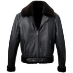 Men’s Black Genuine Sheepskin Sherpa Shearling Faux Fur Casual Bomber Aviator Leather Jacket