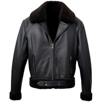 Men’s Black Genuine Sheepskin Sherpa Shearling Faux Fur Casual Bomber Aviator Leather Jacket