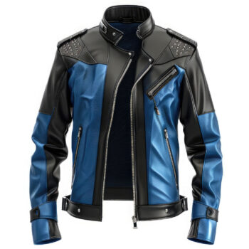 Men’s Black Blue Genuine Sheepskin Multi Zipper Leather Jacket