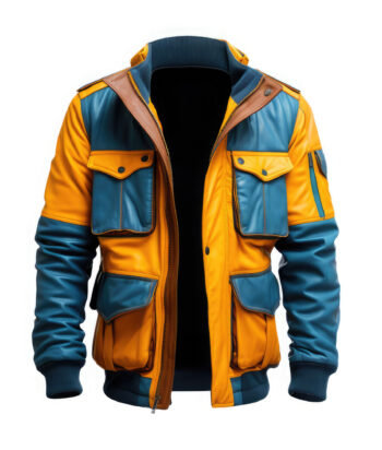 Men’s Mustard Blue Genuine Sheepskin Leather Jacket