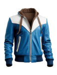 Men’s Blue White Genuine Sheepskin Hooded Classy Rib Knit Soft Casual Outerwear Stylish Bomber Leather Jacket