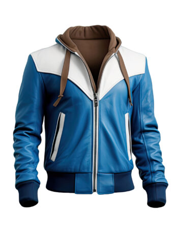 Men’s Blue White Genuine Sheepskin Hooded Classy Rib Knit Soft Casual Outerwear Stylish Bomber Leather Jacket