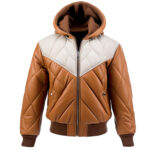 Men’s White Beige Genuine Sheepskin Padded Bomber Hooded Zip-up Baggy Puffer Leather Jacket