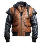 Men’s Brown Black Genuine Sheepskin Hooded Rib Knitted Slim-fit Flying Pilot Aviator Leather Jacket
