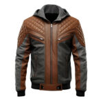 Men’s Charcoal Grey Brown Genuine Sheepskin Diamond Quilted Biker Hooded Stylish Zip-Up Moto Bomber Leather Jacket