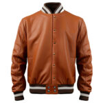 Men’s Brown Genuine Sheepskin Baseball Rib Knit Soft Button-down Warm Sportswear Varsity Leather Jacket