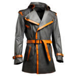 Men’s Charcoal Grey Orange Genuine Sheepskin Double Breasted Lapel Collar Winter Wear Belted Fashionable Trench Leather Coat
