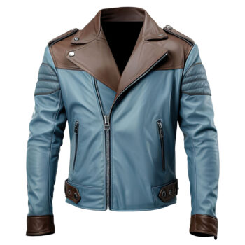 Men’s Brown Blue Genuine Sheepskin Classy Moto Biker Outfit Asymmetric Crossover Leather Jacket