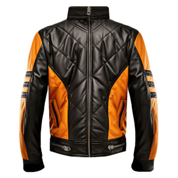 Men’s Mustard Black Genuine Sheepskin Lightweight Diamond Quilted Stand Collar Riding Zip-up Warm Leather Jacket
