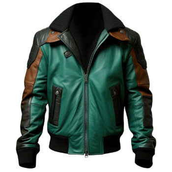 Men’s Green Black Genuine Sheepskin Shirt Collar Racing Moto Zip-up Warm Rib Knitted Bomber Lightweight Leather Jacket