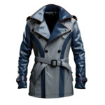 Men’s Grey Blue Genuine Sheepskin Casual Classy Overcoat Short Length Double Breasted Leather Trench Coat