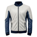 Men’s Navy Blue Light Grey Genuine Sheepskin Café Racer Elegant Stand Collar Sporty Zip-up Warm Biker Leather Jacket