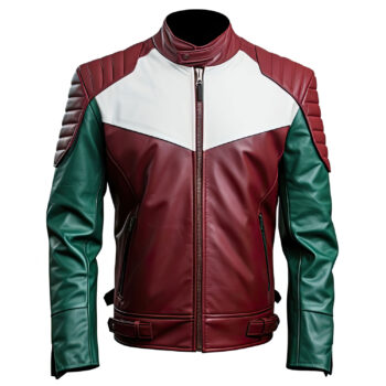 Men’s Maroon Green Genuine Sheepskin Quilted Shoulders Biker Sporty Rider Classy Smooth Zip-Up Leather Jacket