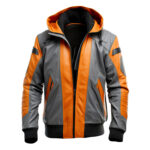Men’s Orange Grey Genuine Sheepskin Warm Biker Outfit Hooded Rib Knit Stylish Punk Bomber Leather Jacket