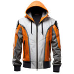 Men’s Orange Grey Genuine Sheepskin Hooded Biker Outfit Zip-up Sporty Rib Knit Casual Classy Bomber Leather Jacket