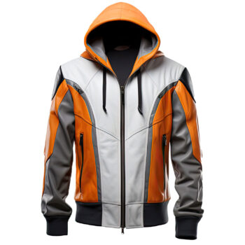 Men’s Orange Grey Genuine Sheepskin Hooded Biker Outfit Zip-up Sporty Rib Knit Casual Classy Bomber Leather Jacket