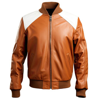 Men’s Peanut Brown Genuine Sheepskin Baseball Fashionable Rib Knit Soft Sports Bomber Leather Jacket