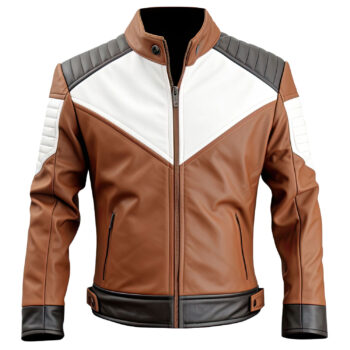 Men’s Brown White Genuine Sheepskin Moto Biker Classy Casual Smooth Rider Quilted Shoulders Leather Jacket