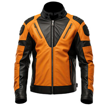 Men’s Orange Black Genuine Sheepskin Warm Biker Leather Jacket