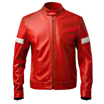 Men’s Red White Genuine Sheepskin Sleek Moto Biker Zip-up Classy Sports Lightweight Racing Leather Jacket