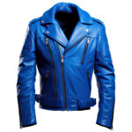 Men’s Royal Blue Genuine Sheepskin Biker Outfit Asymmetric Crossover Multizipper Moto Rider Leather Jacket