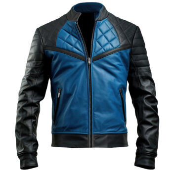 Men’s Black Royal Blue Genuine Sheepskin Elegant Diamond Quilted Moto Stand Collar Casual Sleek Zip-up Racer Leather Jacket
