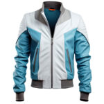 Men’s Sky-Blue White Genuine Sheepskin Casual Pilot Rib Knit Motorcycle Aviator Leather Jacket
