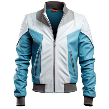 Men’s Sky-Blue White Genuine Sheepskin Casual Pilot Rib Knit Motorcycle Aviator Leather Jacket