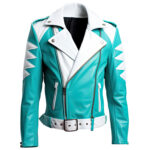 Men’s Turquoise Blue White Genuine Sheepskin Slim Fit Moto Rider Punk Biker Smooth Leather Jacket