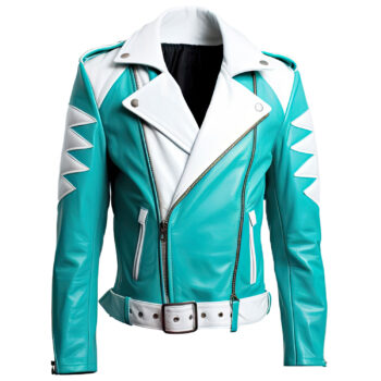 Men’s Turquoise Blue White Genuine Sheepskin Slim Fit Moto Rider Punk Biker Smooth Leather Jacket