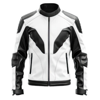 Men’s Black White Genuine Sheepskin Café Racer Sportswear Stylish Slim-fit Zip-up Biker Leather Jacket