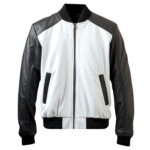 Men’s White Black Genuine Sheepskin Lightweight Zip-up Winter Bomber Leather Jacket
