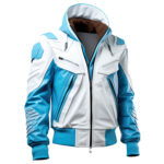 Men’s Blue White Genuine Sheepskin Hooded Rib Knitted Stylish Winter Wear Punk Bomber Flight Leather Jacket