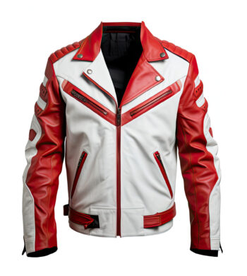 Men’s White Red Genuine Sheepskin Quilted Belted Fashionable Outerwear Soft Moto Racer Leather Jacket