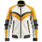 Men’s Yellow White Genuine Sheepskin Motorcycle Leather Jacket