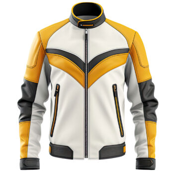 Men’s Yellow White Genuine Sheepskin Motorcycle Leather Jacket