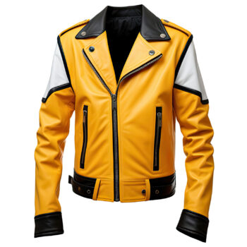 Men’s Yellow White Genuine Sheepskin Lapel Collar Classy Biker Outfit Sporty Zip-up Casual Soft Café Racer Leather Jacket