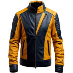 Men’s Mustard Dark Blue Genuine Sheepskin Multi-Zipper Café Racer Leather Jacket