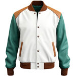 Men’s White Sea Green Genuine Sheepskin Smooth Sporty Multi-Colour Rib Knit Varsity Leather Jacket