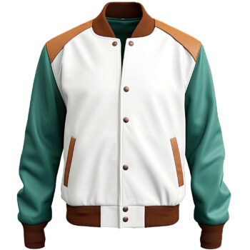 Men’s White Sea Green Genuine Sheepskin Smooth Sporty Multi-Colour Rib Knit Varsity Leather Jacket