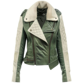 Women’s Forest Green White Genuine Sheepskin Asymmetric Scooter Leather Jacket