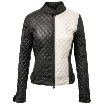 Women’s Black White Genuine Sheepskin Biker Winter Wear Classy Diamond Quilted Soft Slim-fit Zip-up Rider Leather Jacket