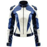 Women’s Blue White Genuine Sheepskin Café Racer Soft Leather Jacket