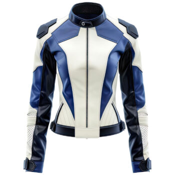 Women’s Blue White Genuine Sheepskin Café Racer Soft Leather Jacket