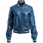 Women’s Ocean Blue Fashionable Sportswear Varsity Leather Jacket