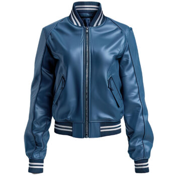 Women’s Ocean Blue Fashionable Sportswear Varsity Leather Jacket